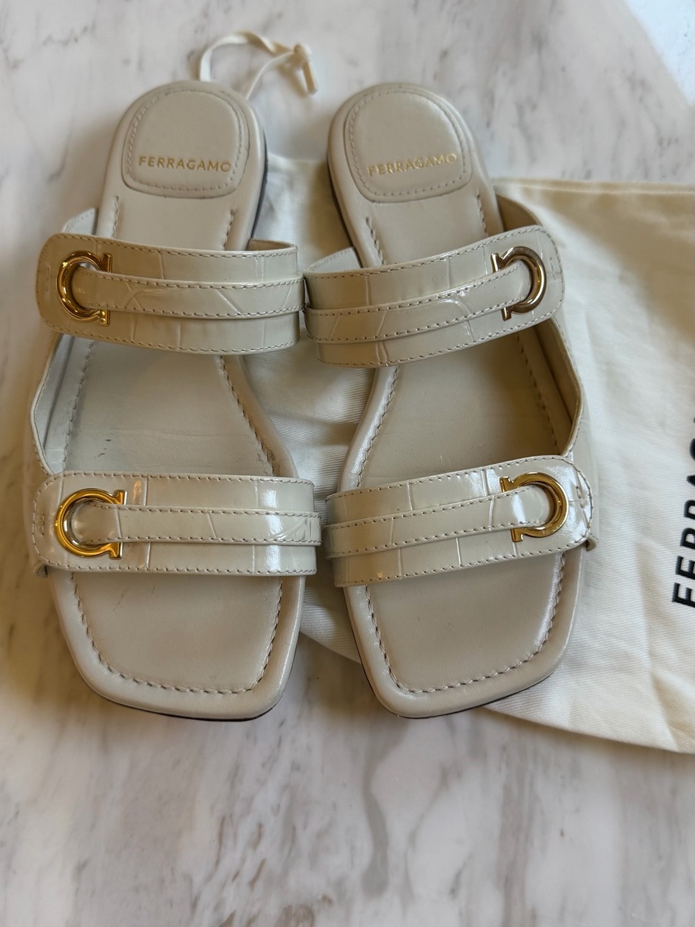 Salvatore Ferragamo Cream Leather Dual-Strap Slide Sandals with Gold Hardware